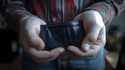 Close-up of Hands Gently Holding an Empty Black Leather Wallet, Showing Financial Straights or Poverty Concept