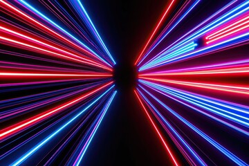 Vibrant Neon Stream Converging Right with Luminous Red and Blue Flashes