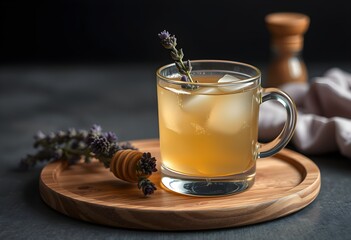 A refreshing blend of gin and Earl Grey tea, sweetened with honey syrup and garnished with lavender on a wooden tray. Perfect for a sophisticated and aromatic drink experience