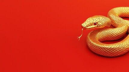 Fototapeta premium A golden snake with red eyes curls on a vibrant red background. The snake's scales shimmer and gleam under the light.
