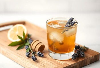 A refreshing blend of gin and Earl Grey tea, sweetened with honey syrup and garnished with lavender on a wooden tray. Perfect for a sophisticated and aromatic drink experience