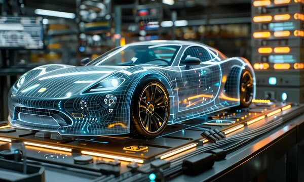 A futuristic car is shown as a wireframe with glowing lights.