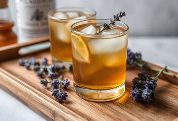 Fototapeta premium A refreshing blend of gin and Earl Grey tea, sweetened with honey syrup and garnished with lavender on a wooden tray. Perfect for a sophisticated and aromatic drink experience