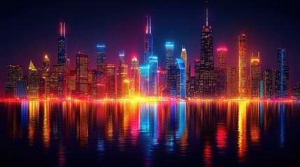 Stunning Night View of a Metropolis Skyline Reflecting on Water, Showcasing Bright Neon Lights and Vibrant Cityscape with Modern Architecture