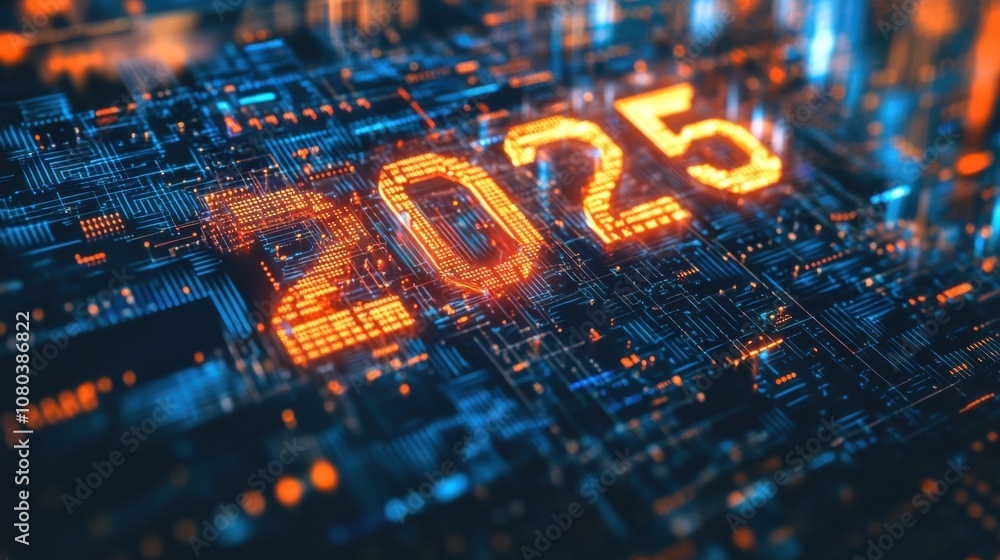 Aufkleber digital representation of 2025 with an innovative circuit board structure
