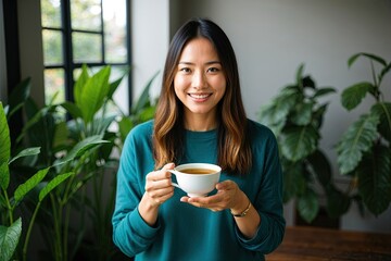 Young Woman Holding a Cup of Organic Green Tea for Soothing and Refreshing Wellness Benefits