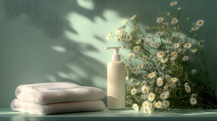 Creamy Lotion Bottle and Soft Towels Resting Beside a Bouquet of Daisies in Sunlight, Spa-like Setting