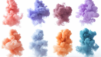 Fototapeta premium Abstract Colorful Ink Clouds Exploding in White Background: A Digital 3D Illustration of Pastel-Toned Smoke Plumes