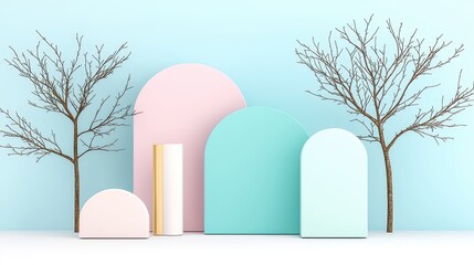 Modern Minimalist Still Life Display with Geometric Shapes and Bare Trees Against a Soft Pastel Background in a Contemporary Setting