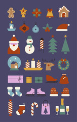 Christmas icons in a modern geometric style set. Colorful festive illustrations including santa claus, Christmas tree, snowman, gingerbread.