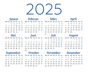 Calendar in German for 2025. Planner for the year.