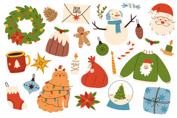 Cosy Christmas elements set. Colorful illustrations with Christmas decorations.