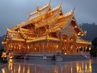 Fototapeta premium Experience the enchantment of a traditional thai temple adorned with lights at twilight