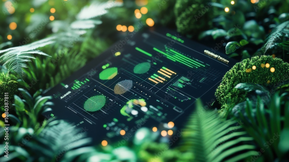 Poster data visualization elements intertwined with lush greenery