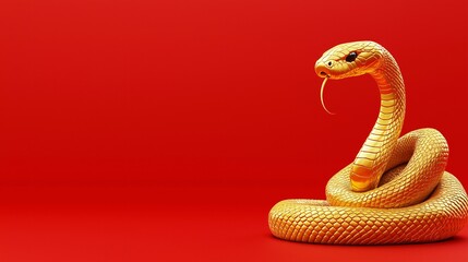 Fototapeta premium A golden snake with scales coiled on a red background.