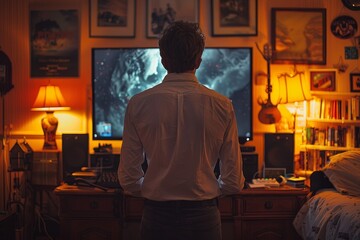 Gamer arrives home after work to dive into space adventure on rgb lit pc late at night