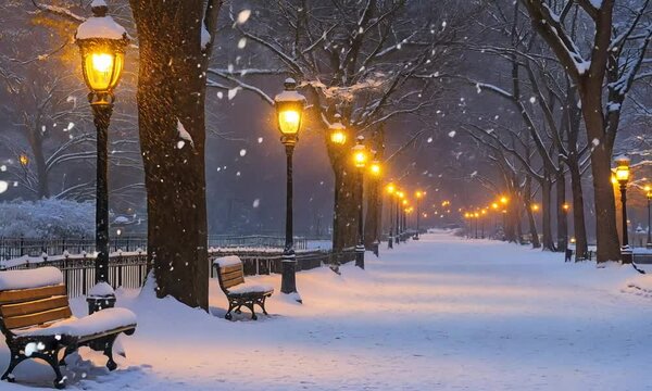 Road filled with snow, street lights glowing, winter trees roadside 