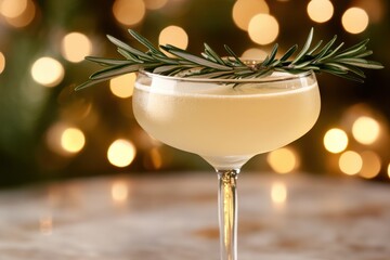 A refreshing cocktail garnished with rosemary served at a festive gathering during the evening
