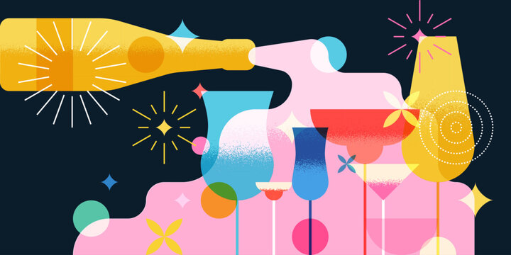 Night party banner, poster design with liquid champagne, bottle, cocktails, fireworks. Vector flat illustration