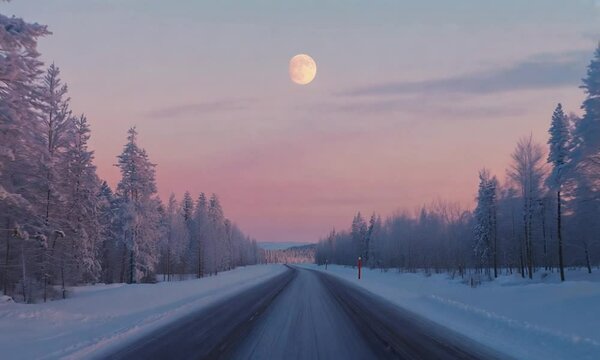 Road filled with snow and trees during sunset
