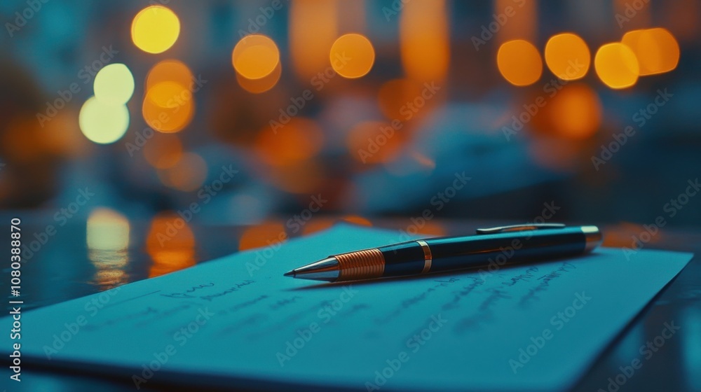 Poster pen and paper resting on a table with a bokeh background