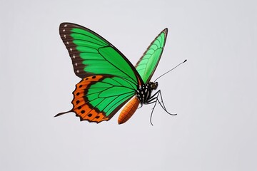 Obraz premium Radiant Emerald and Orange Butterfly Winging Swiftly Against a White Backdrop