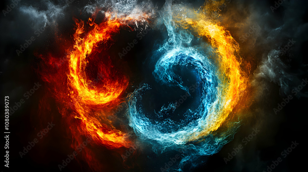 Poster fiery and icy swirls dance in abstract 3d background, contrasting elements create a dynamic visual