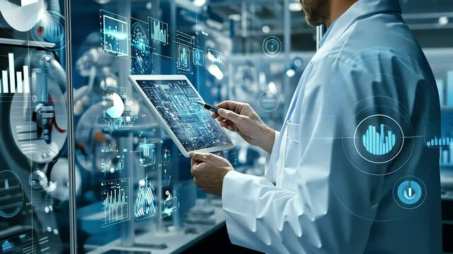 A scientist in a lab coat examines data on a tablet in a modern laboratory filled with scientific equipment and glass displays.