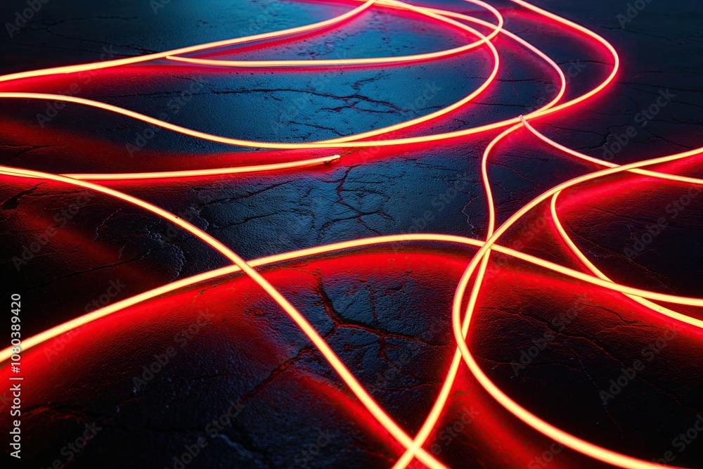 Poster Dynamic 3D Art with Bright Neon Texture and Glowing Sinuous Threads on Ink-Black Surface