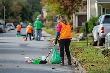 People participating in a neighborhood cleanup event, sweeping streets and collecting litter