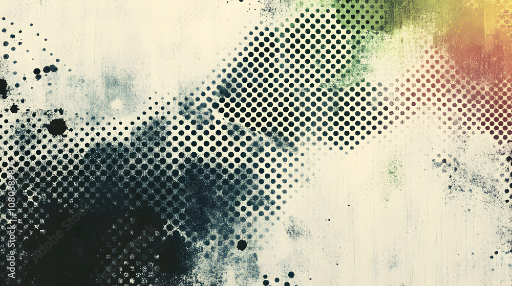 Poster abstract halftone dots background with grunge texture and color splashes