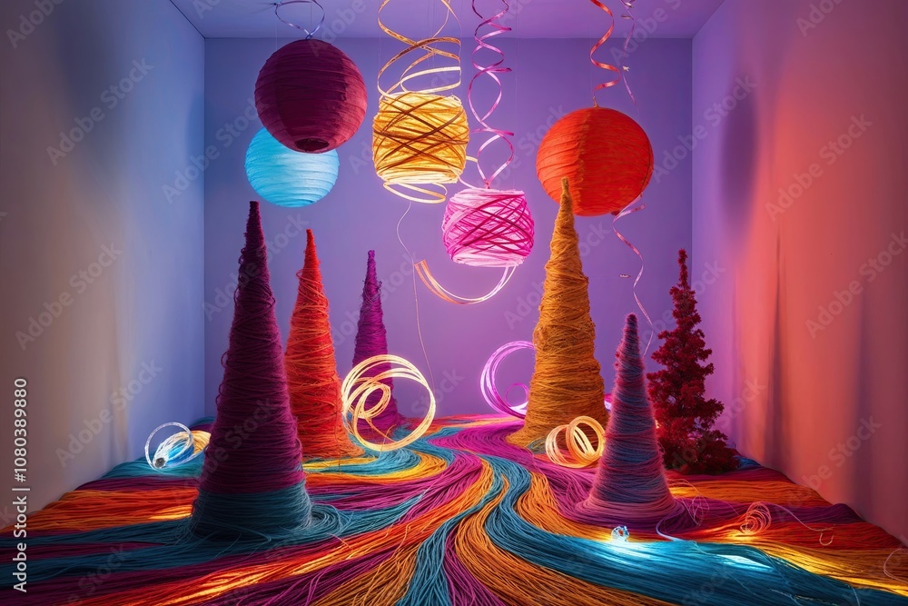 Poster three-dimensional colorful surreal scenery with illuminated threads and curled ribbons