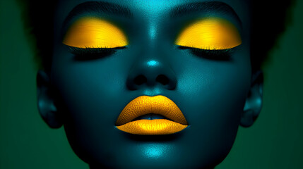 Close-up 3D Render of a Woman's Face with Vibrant Yellow Eyeshadow and Lips, Teal Skin Tone, Dramatic Lighting