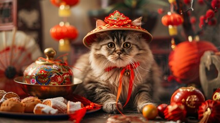 Adorable fluffy oriental breed cat kitten wearing traditional Chinese New Year red hat amid festive oriental of red lanterns and cherry blossom