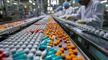 Obraz premium Automated pharmaceutical production line with various bottled medicines pills and tablets moving along a conveyor belt in a modern high tech manufacturing facility