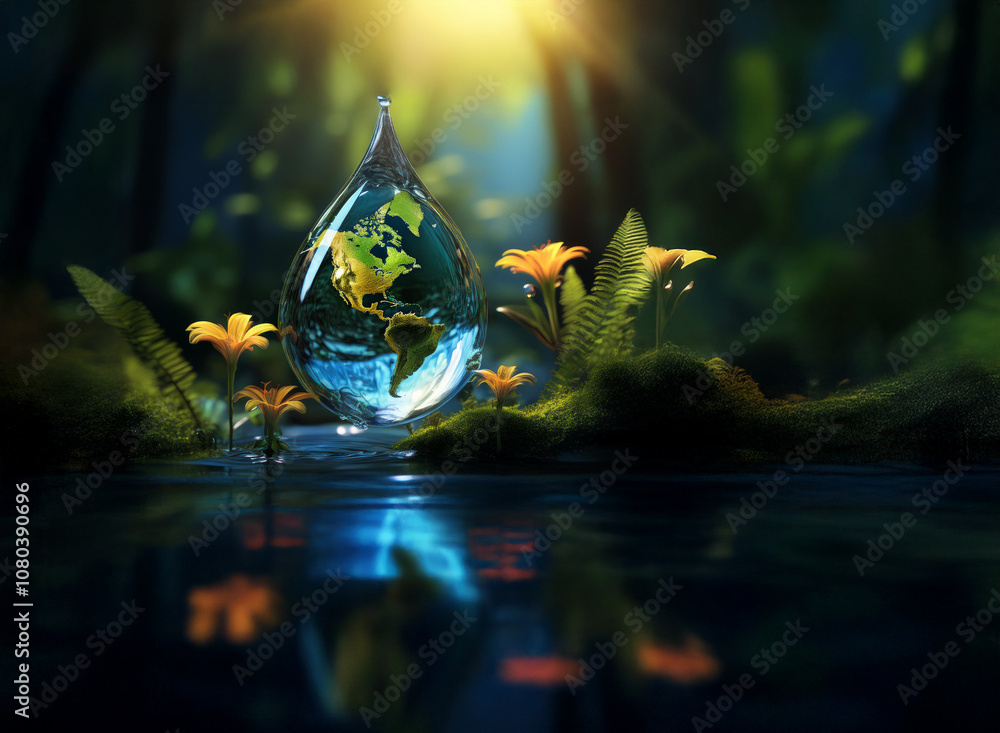 Poster a glass teardrop containing a miniature earth rests on a mossy patch of ground in a lush forest. the