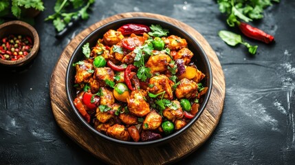 A delicious, colorful dish of chicken stir-fry. Perfect for promoting restaurants, food blogs, and recipe websites, this photo highlights the vibrant flavors and textures of the dish.