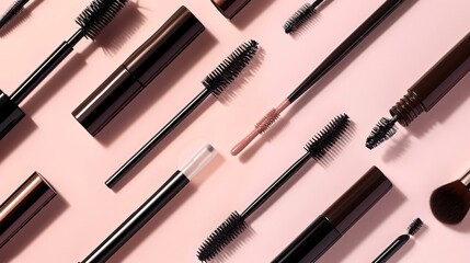 Elegant assortment of makeup products and accessories including brushes eyeliner mascara lipstick powder and foundation in a sophisticated pink and black color palette arranged in a minimalist