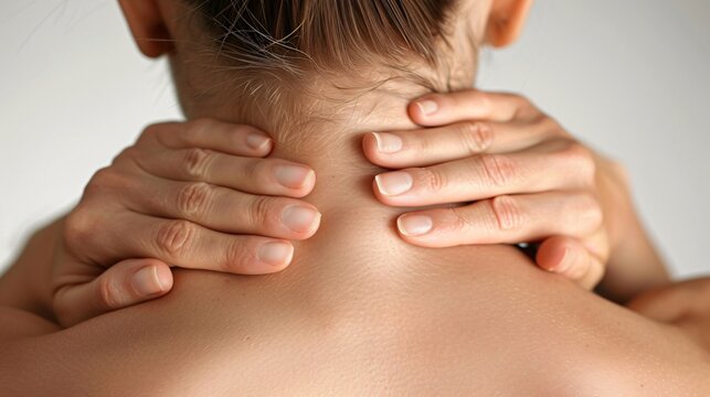 Hands of a massage therapist providing a therapeutic neck and shoulder massage to help alleviate pain tension and stress promoting relaxation and overall wellbeing