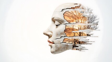 Naklejka premium The collage features an antique plaster sculpture of a human face, blending seamlessly with a modern pop art style that incorporates elements of zine culture and contemporary art