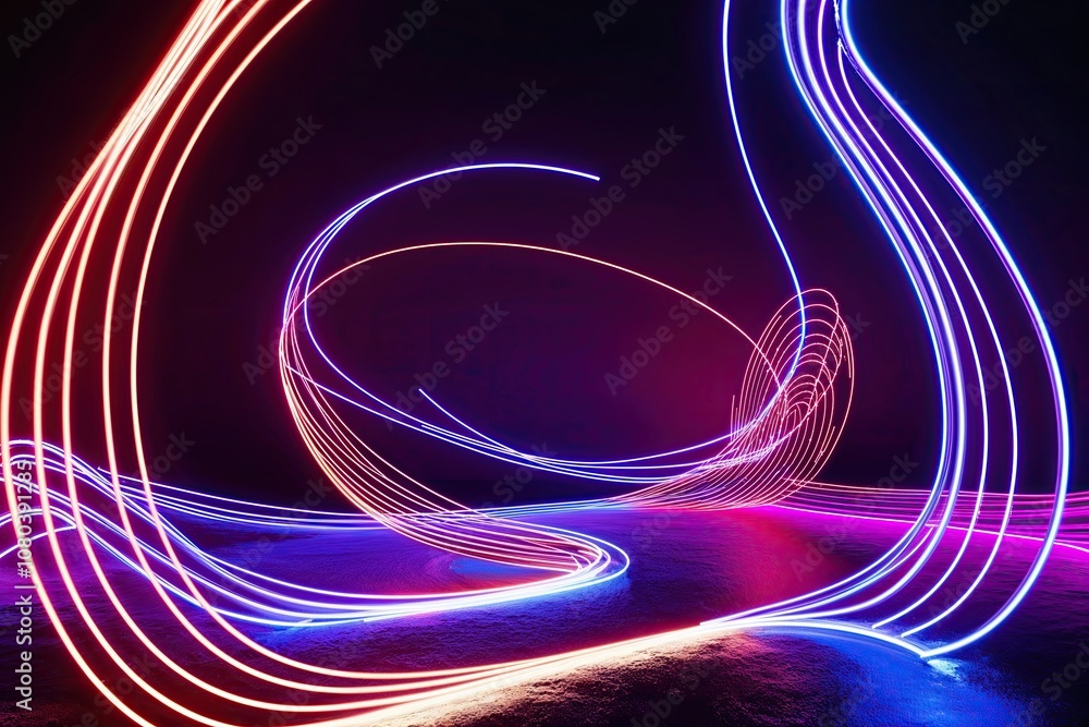Poster 3d neon scenery with luminous swirling patterns and vibrant flow on a dark backdrop