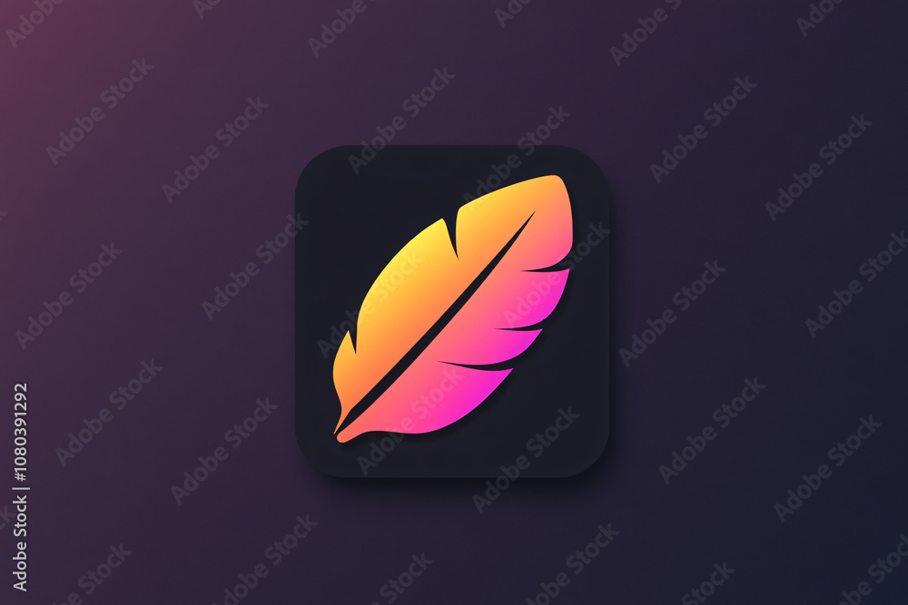Poster feather icon with a neon gradient in pink and yellow on a square dark background capturing a trendy 