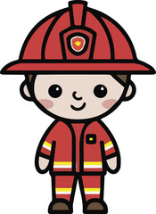 cute cartoon  style illustrated drawing of a smiling fireman, firefighter isolated on white