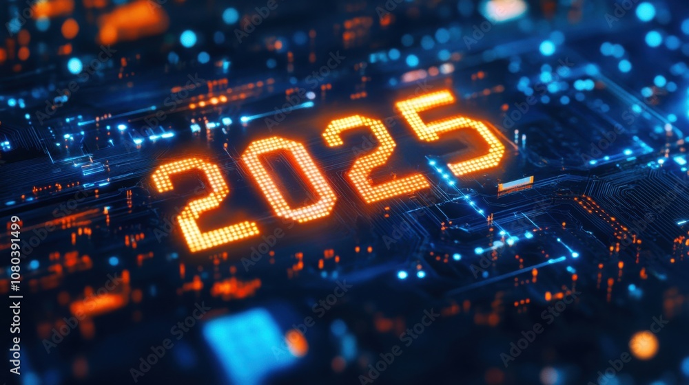 Aufkleber digital representation of 2025 with an innovative circuit board structure