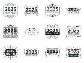 Fototapeta premium Stylish 2025 New Year Hand-drawn Logo Collection