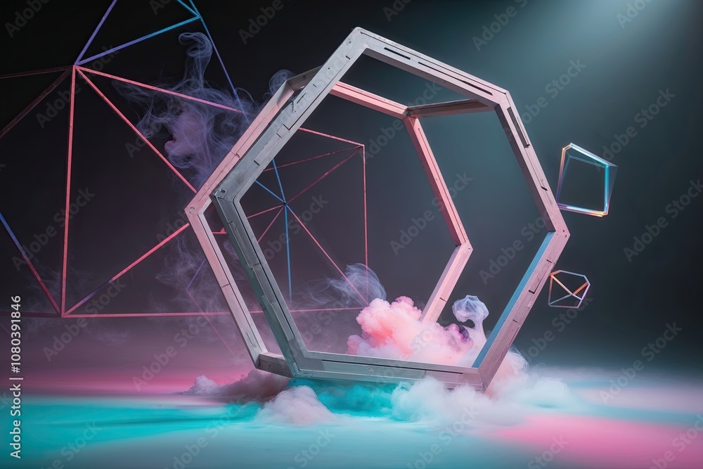 Poster whimsical three-dimensional hexagonal framework in a muted vapor realm with chromatic glow and imagi