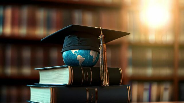 Graduation Cap on Globe with Books