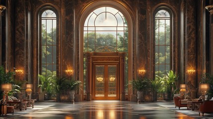 Elegant lobby with large windows and lush greenery.