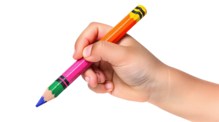 A hand holding a crayon on white transparent background