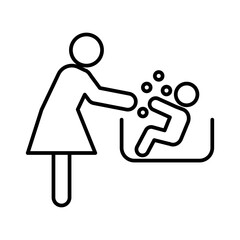 Mother washing baby in bath tub icon linear logo mark in black and white
